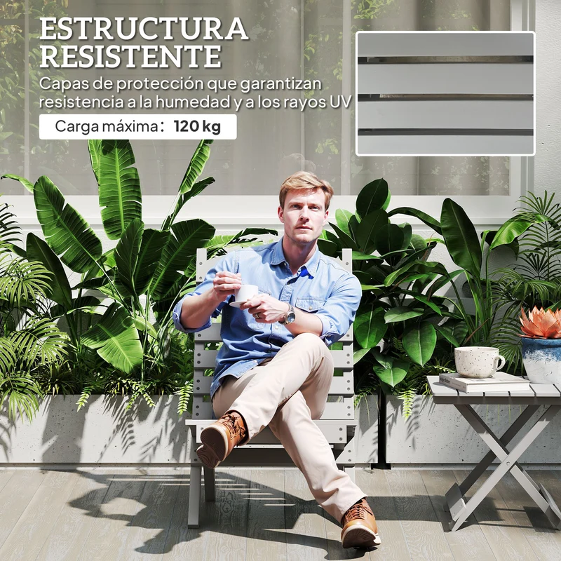 Outsunny Silla de Jardín de Madera Silla de Exterior con Diseno Listones y Respaldo Inclinado Carga 120 kg para Balcón Patio Terraza 78x48x76 cm Gris