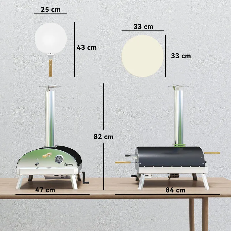Outsunny Mini Horno de Pizza Exterior Portátil Horno de Leña con Piedra Refractaria Ø33 cm Pala Mangos de Madera Termómetro y Bandeja Giratoria para Jardín Terraza Camping Patio