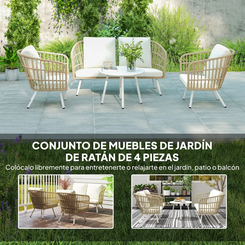 Outsunny Conjunto de Jardín Exterior de Ratán Sintético de 4 Piezas Muebles de Jardín Exterior con Sofá de 2 Plazas 2 Sillones 1 Mesa de Centro de Metal con Cojines Crema y Natural