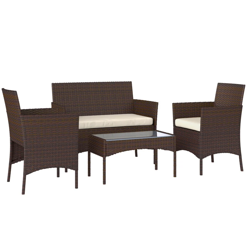Conjunto jardín ratán 4 piezas – 2 sillones, sofá 2 plazas y mesa cristal, resistente intemperie, marrón | Outsunny