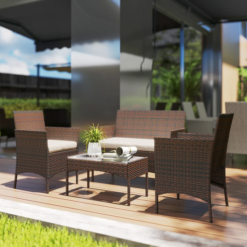 Conjunto jardín ratán 4 piezas – 2 sillones, sofá 2 plazas y mesa cristal, resistente intemperie, marrón | Outsunny