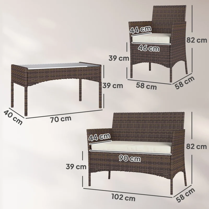 Conjunto jardín ratán 4 piezas – 2 sillones, sofá 2 plazas y mesa cristal, resistente intemperie, marrón | Outsunny