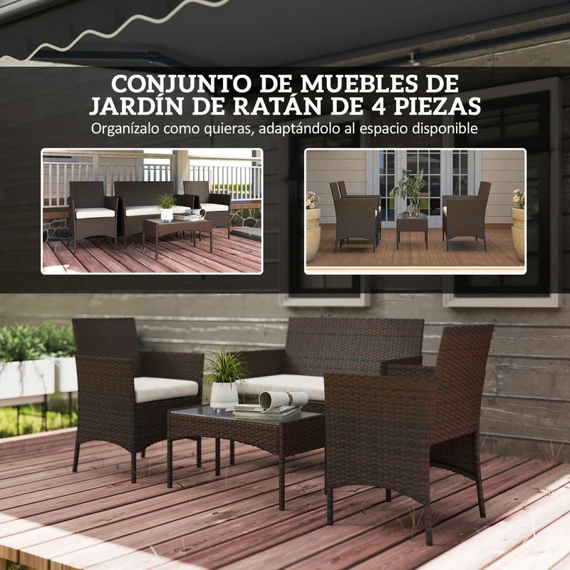 Conjunto jardín ratán 4 piezas – 2 sillones, sofá 2 plazas y mesa cristal, resistente intemperie, marrón | Outsunny