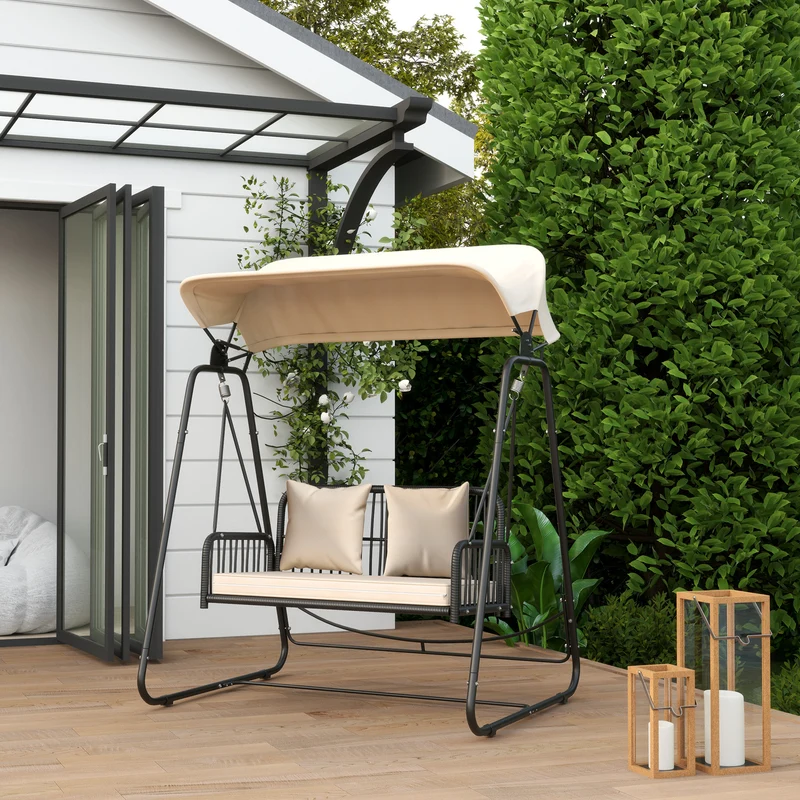 Outsunny Columpio de Jardín de 2 Plazas Balancín de Jardín Exterior con Toldo Retráctil Cojines y Estructura de Acero con Ratán PE Anti-UV para Balcón Terraza Patio Carga 240 kg 149x121x180 cm Caqui