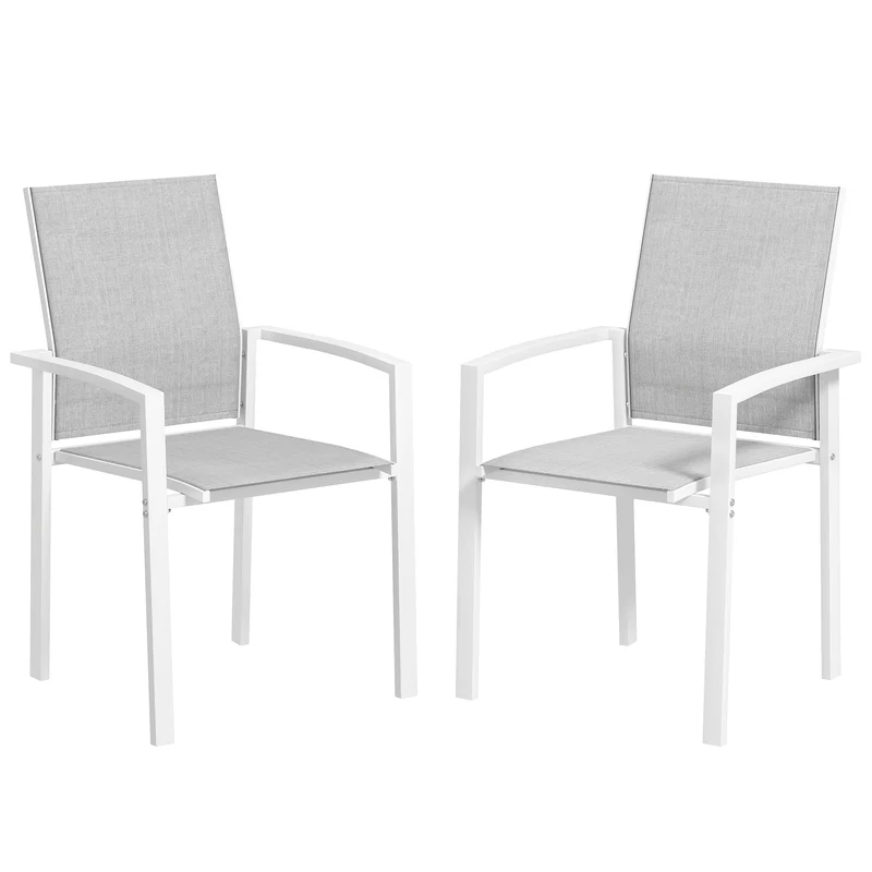 Outsunny Juego de 2 Sillas de Jardín Exterior Sillas Terraza Exterior Apilables Sillones de Comedor con Tela Transpirable Marco de Acero Reposabrazos y Respaldo 56x58x89 cm Gris Claro