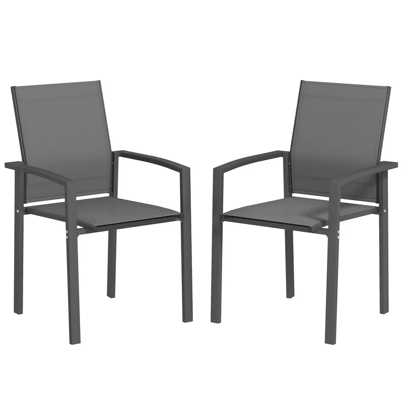 Outsunny Juego de 2 Sillas de Jardín Exterior Sillas Terraza Exterior Apilables Sillones de Comedor con Tela Transpirable Marco de Acero Reposabrazos y Respaldo 56x58x89 cm Gris Oscuro