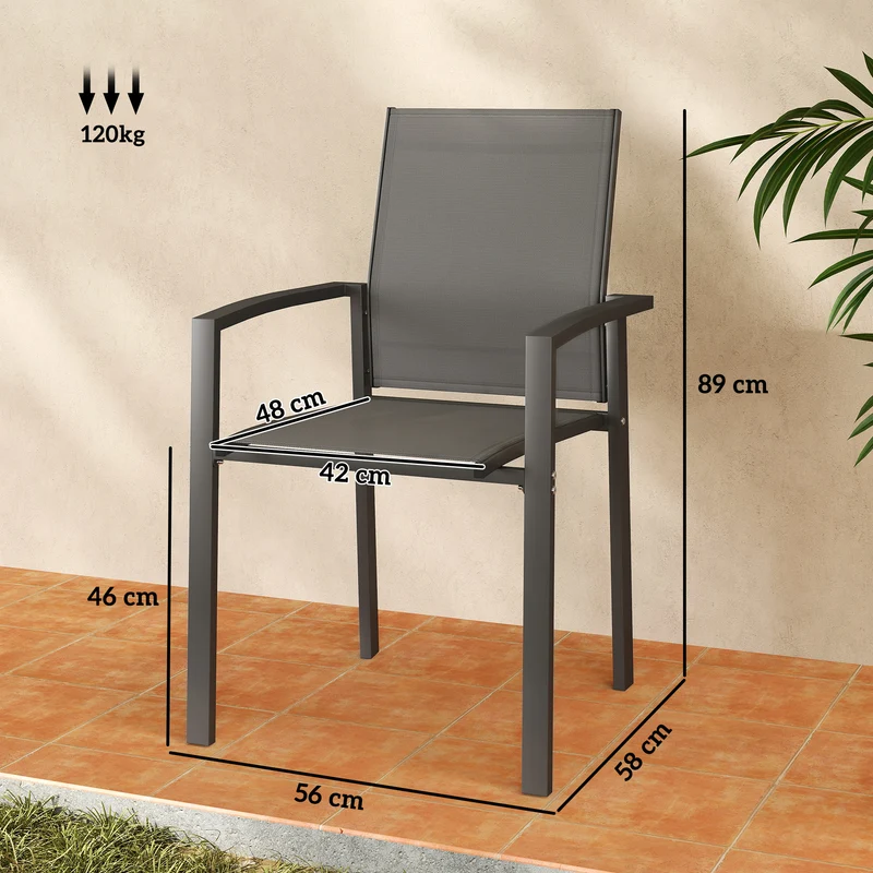 Outsunny Juego de 2 Sillas de Jardín Exterior Sillas Terraza Exterior Apilables Sillones de Comedor con Tela Transpirable Marco de Acero Reposabrazos y Respaldo 56x58x89 cm Gris Oscuro