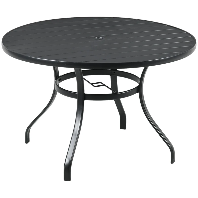Outsunny Mesa Jardín Exterior Redonda de Acero Ø115x72 cm Mesa Terraza Exterior con Tablero de listones Agujero para Sombrilla Estable Resistente a la Intemperie Fácil de Montar Negro
