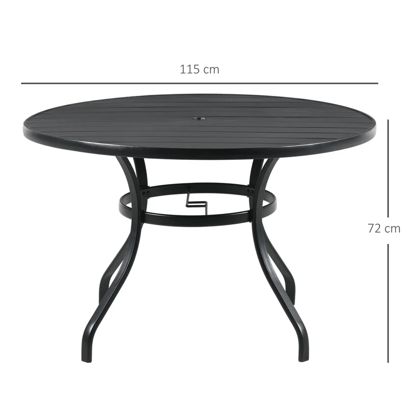 Outsunny Mesa Jardín Exterior Redonda de Acero Ø115x72 cm Mesa Terraza Exterior con Tablero de listones Agujero para Sombrilla Estable Resistente a la Intemperie Fácil de Montar Negro