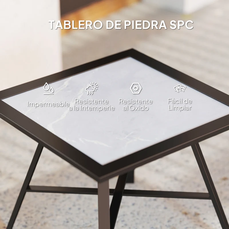 Outsunny Mesa Auxiliar Cuadrada Mesa de Jardín Exterior con Encimera de Aspecto Piedra Mesa para Exterior Terraza Patio 55x55x46 cm Negro y Gris