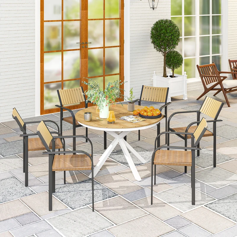 Outsunny Mesa de Jardín Redonda Mesa de Terraza Exterior Ø118x74 cm con Estructura de Aluminio Patas Cruzadas y Encimera de Listones Carga 70 kg para Patio Balcón Teca