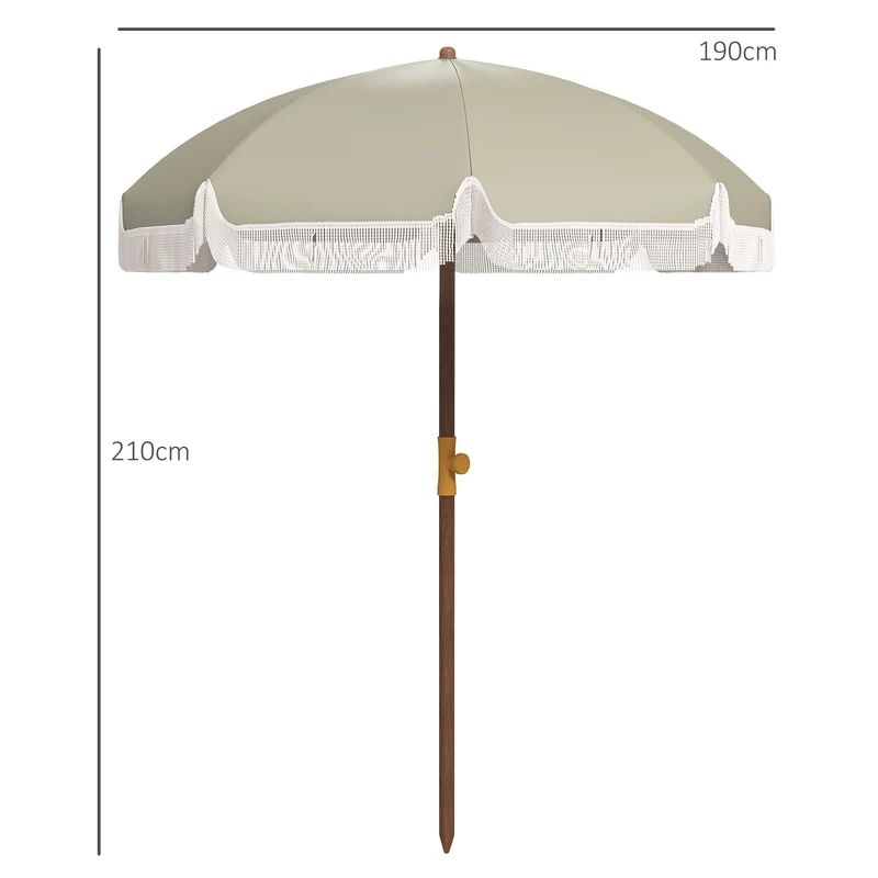 Outsunny Sombrilla de Playa Grande con Flecos Ø190 cm Sombrilla de Terraza Exterior con Protección UV40+ Antiviento Impermeable Mástil de Ø32 mm y Bolsa de Transporte Verde Oliva Claro