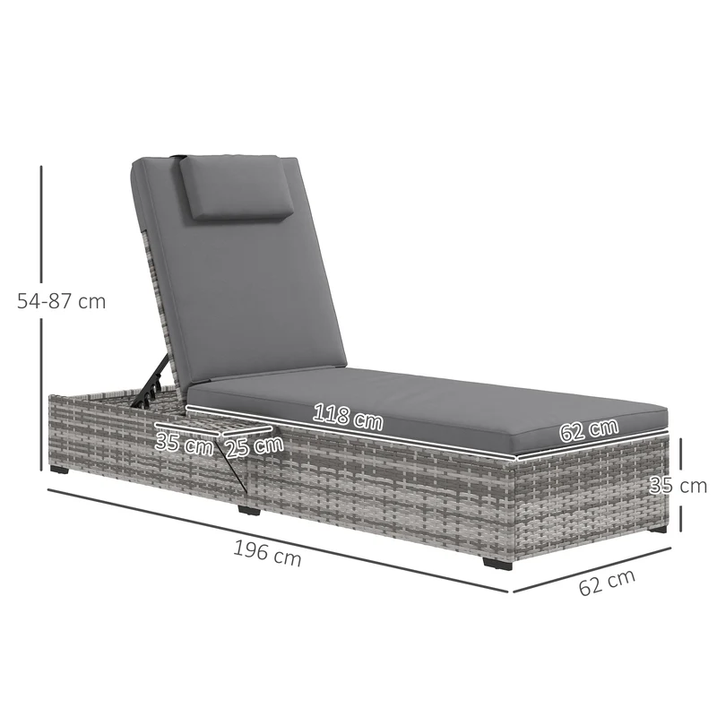 Outsunny Tumbona de Ratán Reclinable Tumbona de Jardín con Respaldo Ajustable en 5 Niveles Mesita y Cojín Acolchado Carga 120 kg para Patio Terraza Gris