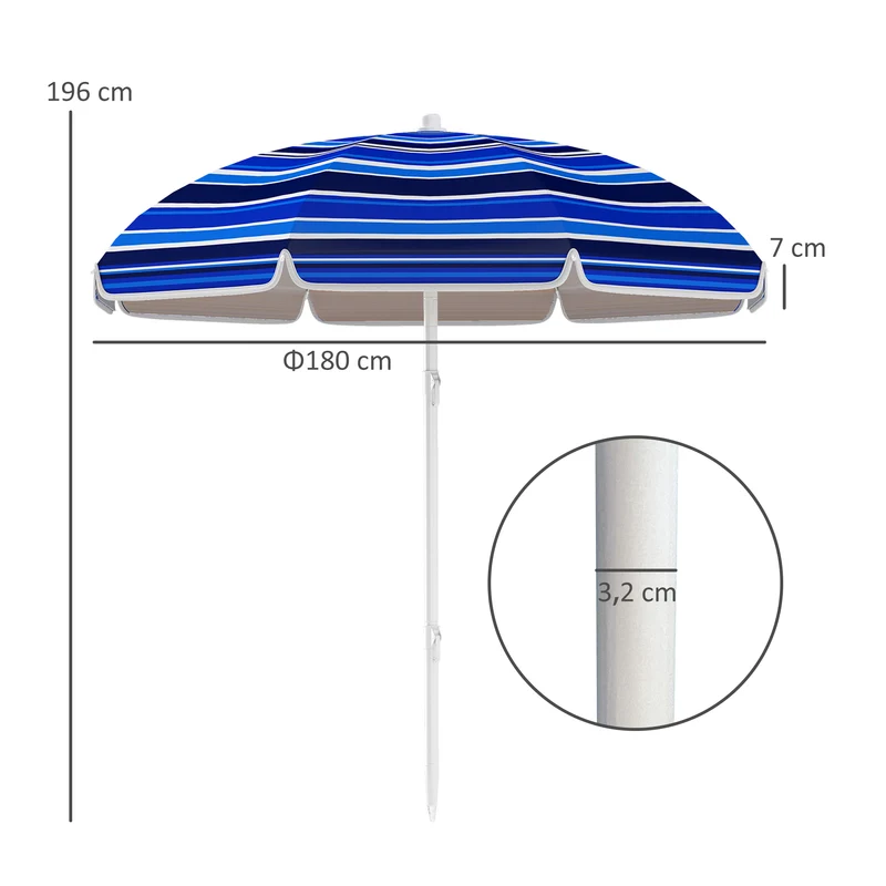 Outsunny Sombrilla de Playa Grande Ø180 cm Sombrilla de Terraza Exterior Plegable con Ángulo Ajustable Protección UV50+ Impermeable Mástil de Ø32 mm Multicolor