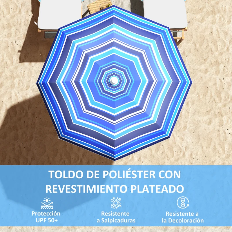 Outsunny Sombrilla de Playa Grande Ø180 cm Sombrilla de Terraza Exterior Plegable con Ángulo Ajustable Protección UV50+ Impermeable Mástil de Ø32 mm Multicolor