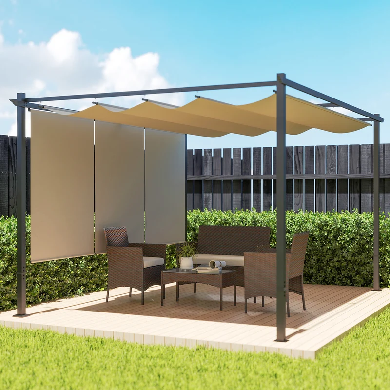 Outsunny Pérgola con Techo Retráctil Pérgola de 4x3 m Cenador de Pared o Independiente con Laterales Enrollables Protección UV30+ Pabellón para Jardín Patio Terraza Exterior Beige