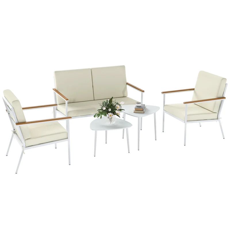 Outsunny Conjunto de Jardín Exterior 5 Piezas Muebles Jardín Exterior con 1 Sofá de 2 Plazas 2 Sillones y 2 Mesas de Centro con Tablero de Vidrio Templado Cojines Lavables Beige