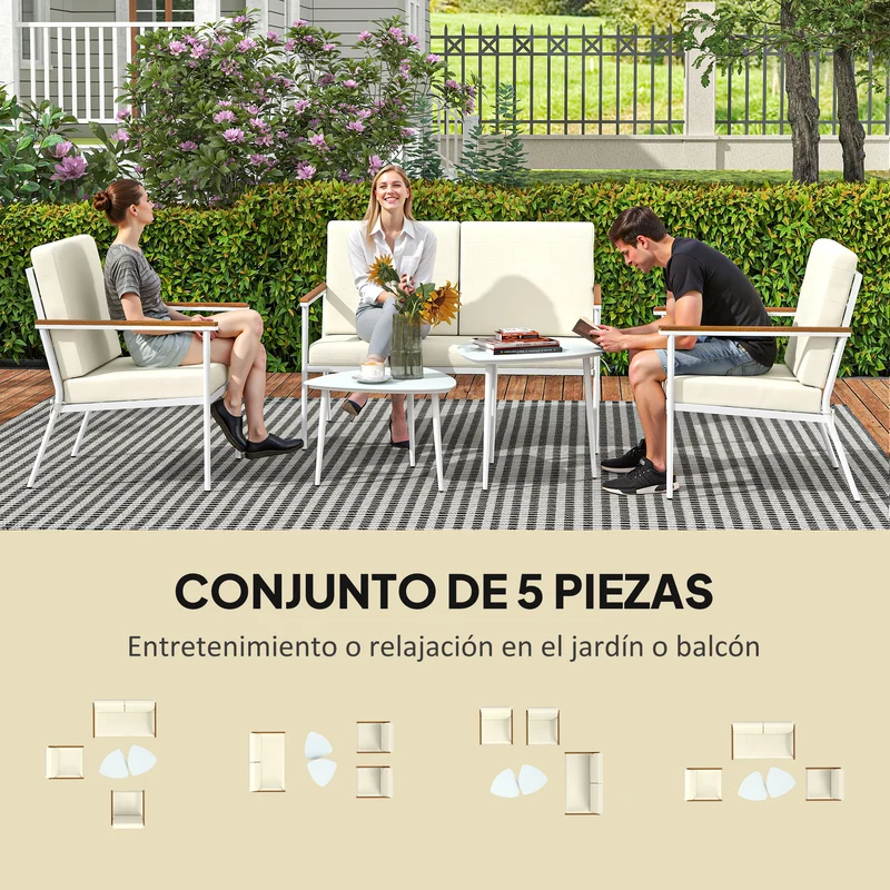 Outsunny Conjunto de Jardín Exterior 5 Piezas Muebles Jardín Exterior con 1 Sofá de 2 Plazas 2 Sillones y 2 Mesas de Centro con Tablero de Vidrio Templado Cojines Lavables Beige