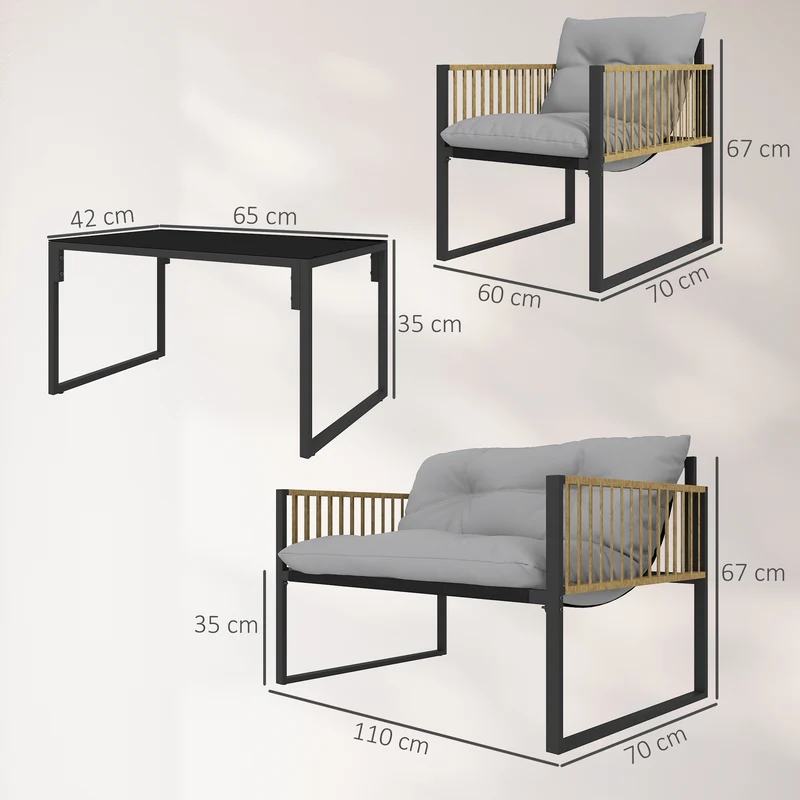 Outsunny Conjunto de Jardín Exterior de Ratán Sintético de 4 Piezas Muebles de Jardín Exterior Incluye Sofá de 2 Plazas 2 Sillones 1 Mesa de Centro de Vidrio con Cojines Gris y Natural