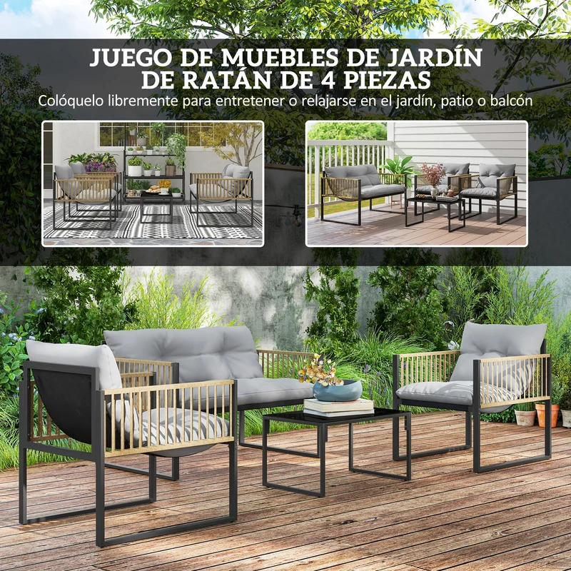 Outsunny Conjunto de Jardín Exterior de Ratán Sintético de 4 Piezas Muebles de Jardín Exterior Incluye Sofá de 2 Plazas 2 Sillones 1 Mesa de Centro de Vidrio con Cojines Gris y Natural