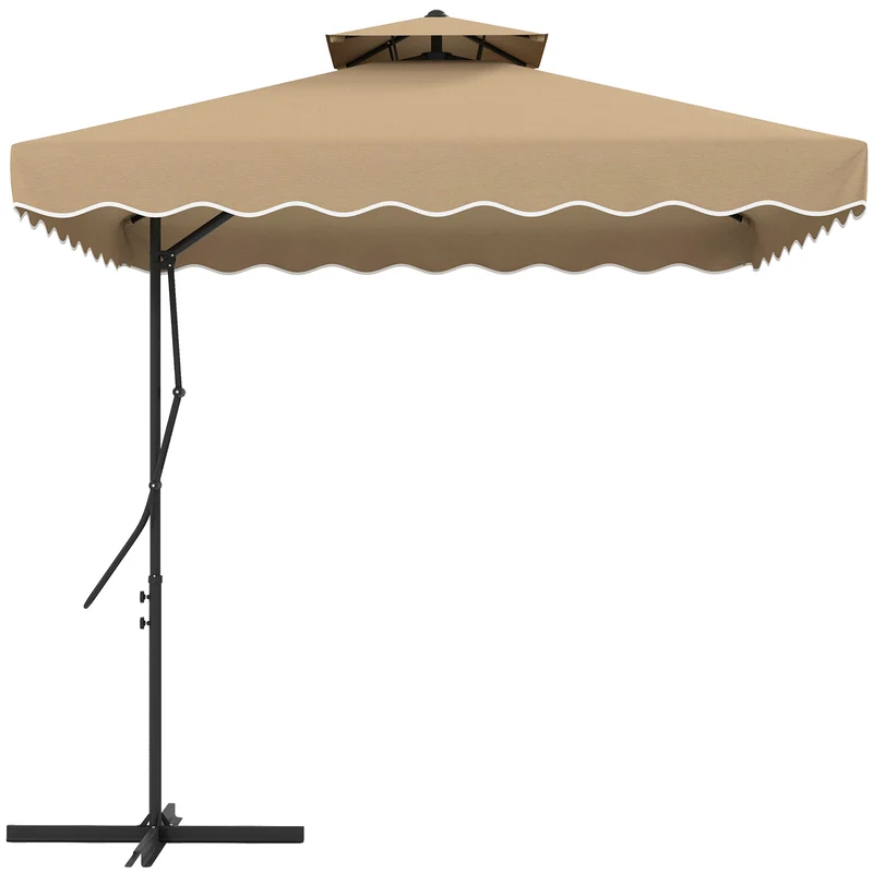 Outsunny Sombrilla Terraza Exterior de 2,5 m Sombrilla Voladiza con Manivela Techo Doble con Borde Ondulado y Base Cruzada Parasol de Jardín para Exterior Patio Terraza Caqui