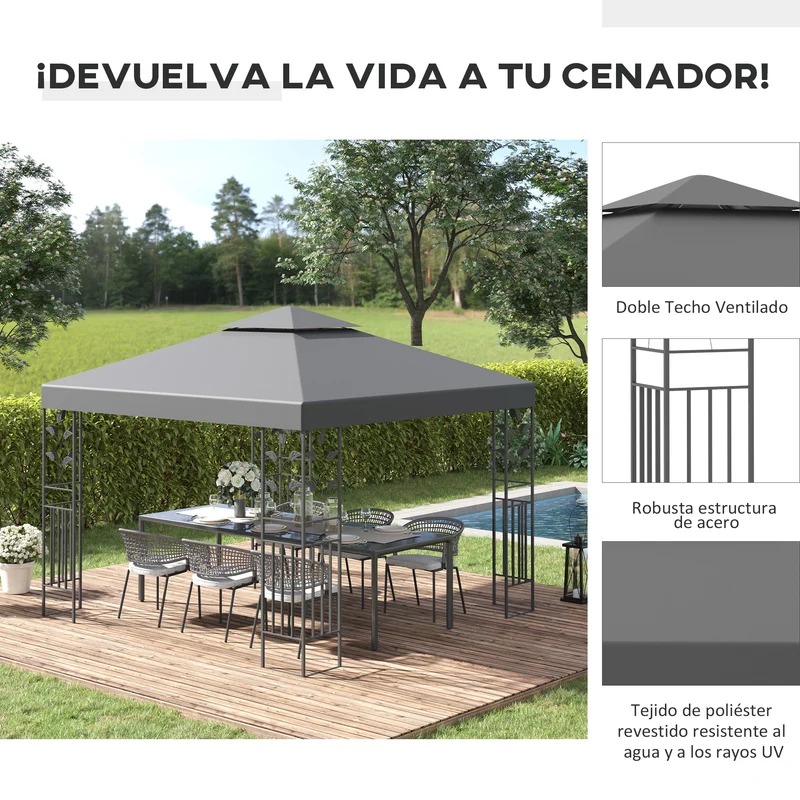 Outsunny Cenador de Jardín 3x3 m Pabellón de Jardín Gazebo con Doble Techo Estructura de Acero 8 Orificios de Drenaje Resistente al Agua Carpa para Exterior Terraza Patio Gris