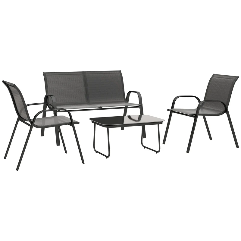 Outsunny Conjunto de Jardín Exterior 4 Piezas Muebles Jardín Exterior con 2 Sillones Apilables 1 Sofá de 2 Plazas y Mesa de Centro con Tablero de Vidrio Templado Negro