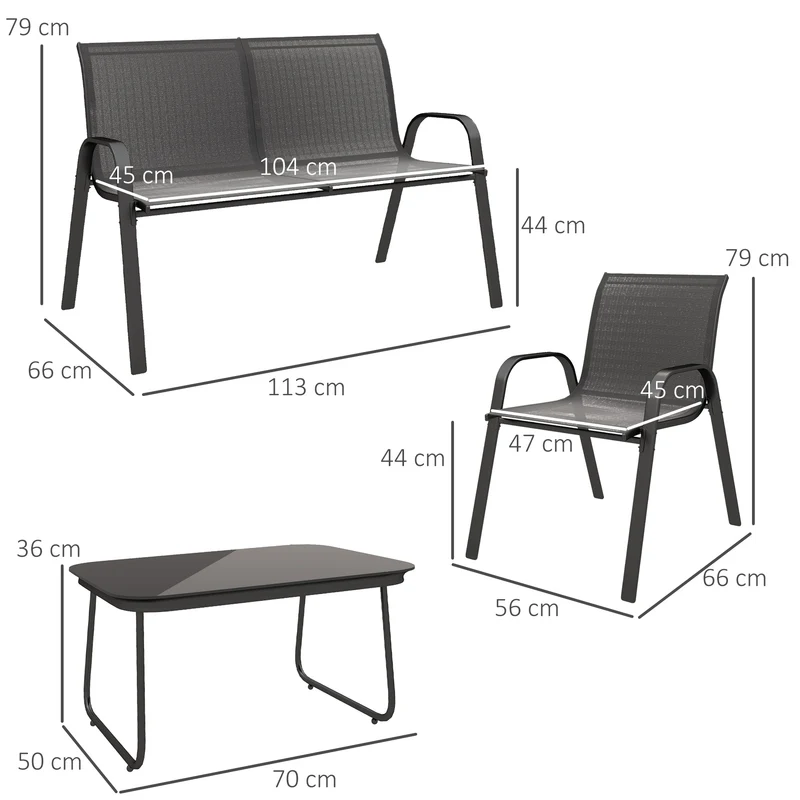 Outsunny Conjunto de Jardín Exterior 4 Piezas Muebles Jardín Exterior con 2 Sillones Apilables 1 Sofá de 2 Plazas y Mesa de Centro con Tablero de Vidrio Templado Negro