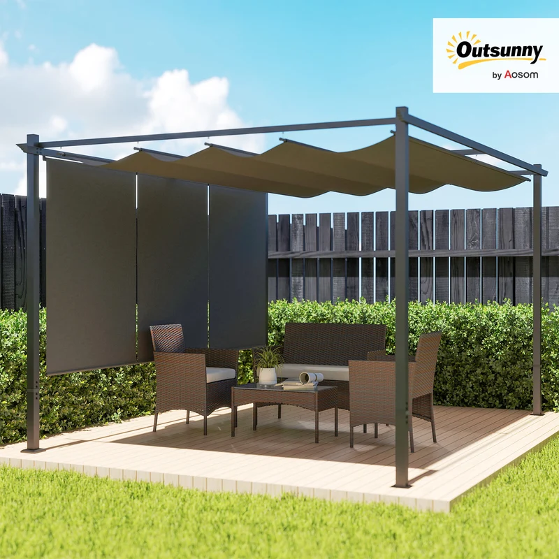 Outsunny Pérgola con Techo Retráctil Pérgola de 4x3 m Cenador de Pared o Independiente con Laterales Enrollables Protección UV30+ Pabellón para Jardín Patio Terraza Exterior Gris