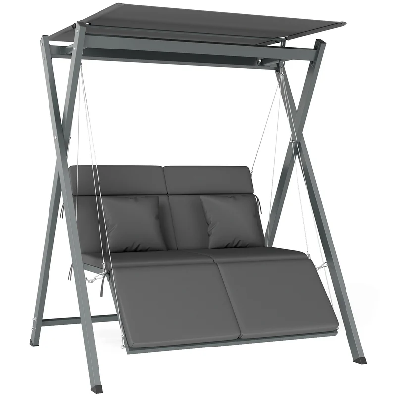Outsunny Columpio de Jardín Exterior de 2 Plazas Balancín de Jardín Exterior Convertible en Cama con Toldo Ajustable Protección UV30+ y Cojines Carga 220 kg 142x130x168 cm Gris Oscuro