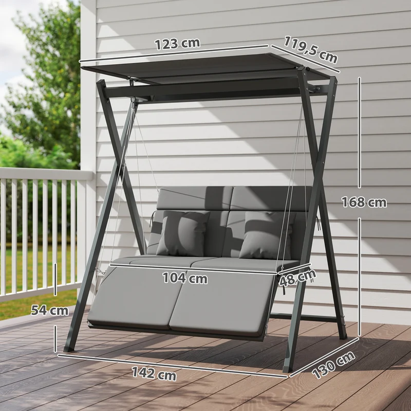 Outsunny Columpio de Jardín Exterior de 2 Plazas Balancín de Jardín Exterior Convertible en Cama con Toldo Ajustable Protección UV30+ y Cojines Carga 220 kg 142x130x168 cm Gris Oscuro