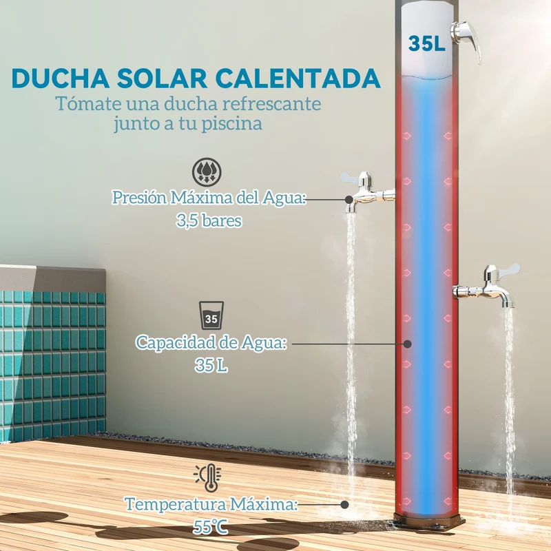 Outsunny Ducha de Jardín Solar 35 L Ducha Solar Exterior con 2 Cabezales Giratorios Grifos de Pies y Agua Caliente Máximo 55 °C para Piscina Camping Patio 73x18x217 cm Negro