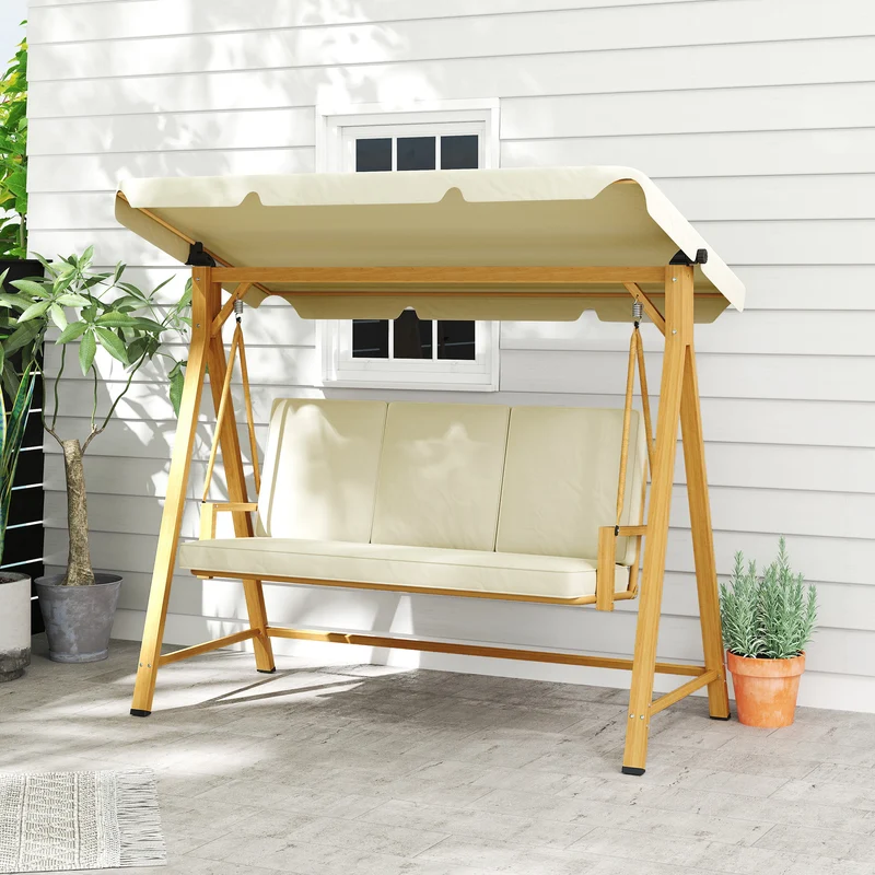 Outsunny Balancín de Jardín Exterior con Toldo Ajustable de 3 Plazas Columpio de Jardín Exterior con Cojines y Estructura con Veta de Madera Carga 330 kg 195x120x170 cm Beige