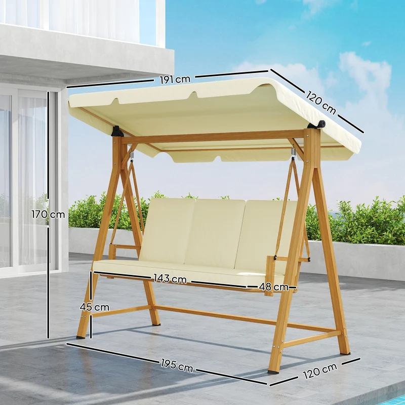Outsunny Balancín de Jardín Exterior con Toldo Ajustable de 3 Plazas Columpio de Jardín Exterior con Cojines y Estructura con Veta de Madera Carga 330 kg 195x120x170 cm Beige