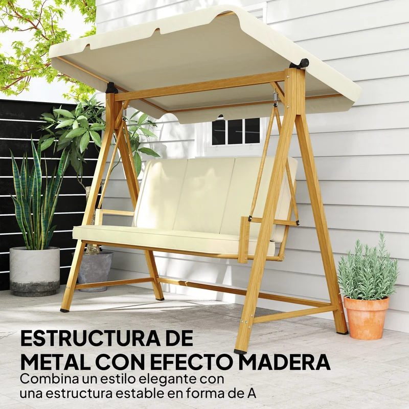 Outsunny Balancín de Jardín Exterior con Toldo Ajustable de 3 Plazas Columpio de Jardín Exterior con Cojines y Estructura con Veta de Madera Carga 330 kg 195x120x170 cm Beige