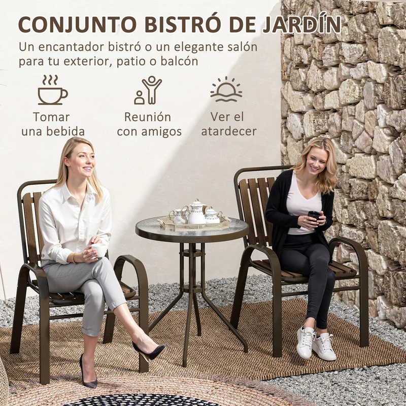 Outsunny Conjunto Jardín Exterior de 3 Piezas Juego de Muebles de Jardín con 2 Sillas Apilables Mesa con Encimera de Vidrio Templado y Estructura de Acero para Terraza Patio Balcón Marrón Oscuro
