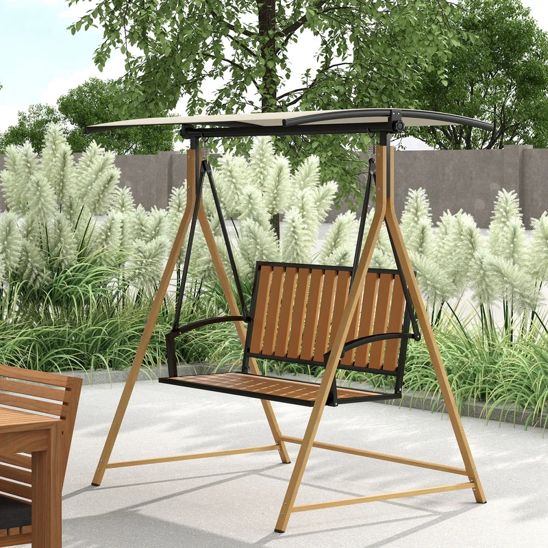 Outsunny Columpio de Jardín Exterior de 2 Plazas Balancín de Jardín Exterior con Toldo Ajustable y Estructura de Metal Carga 240 kg 142x112x162 cm Natural y Beige