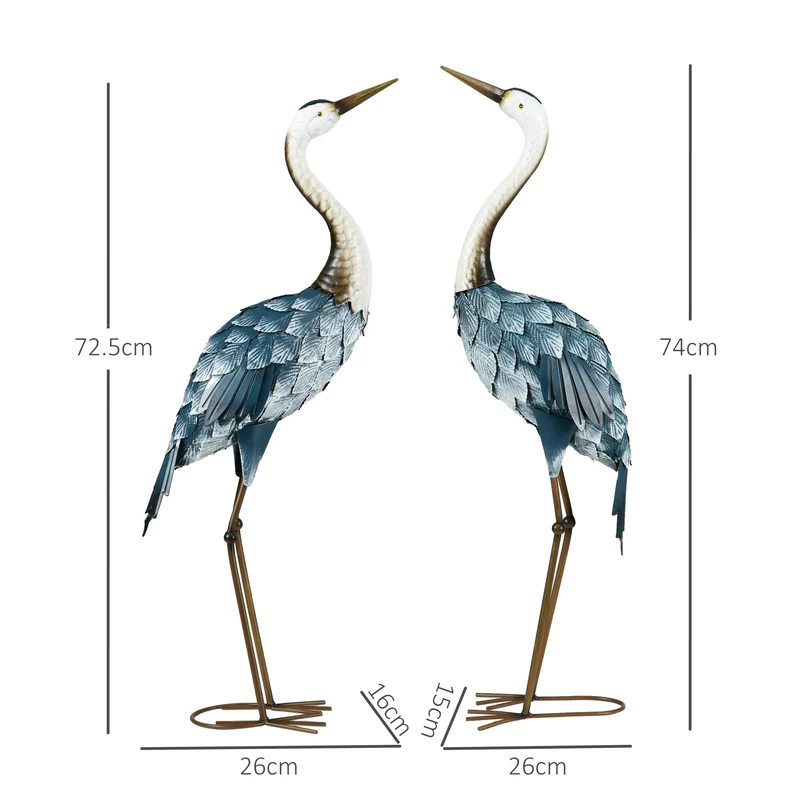 Outsunny Set de 2 Piezas Estatuas de Jardín de Grulla de Acero Esculturas de Garza para Exteriores Adornos de Grulla para Decoración de Césped Patio Estanque