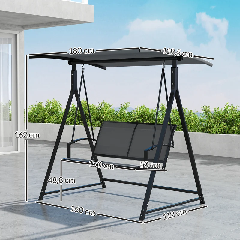 Outsunny Columpio de Jardín Exterior de 2 Plazas Balancín de Jardín Exterior con Toldo Ajustable 90° Protección UV 30+ y Estructura Triangular de Metal Carga 220 kg 160x112x162 cm Gris Oscuro