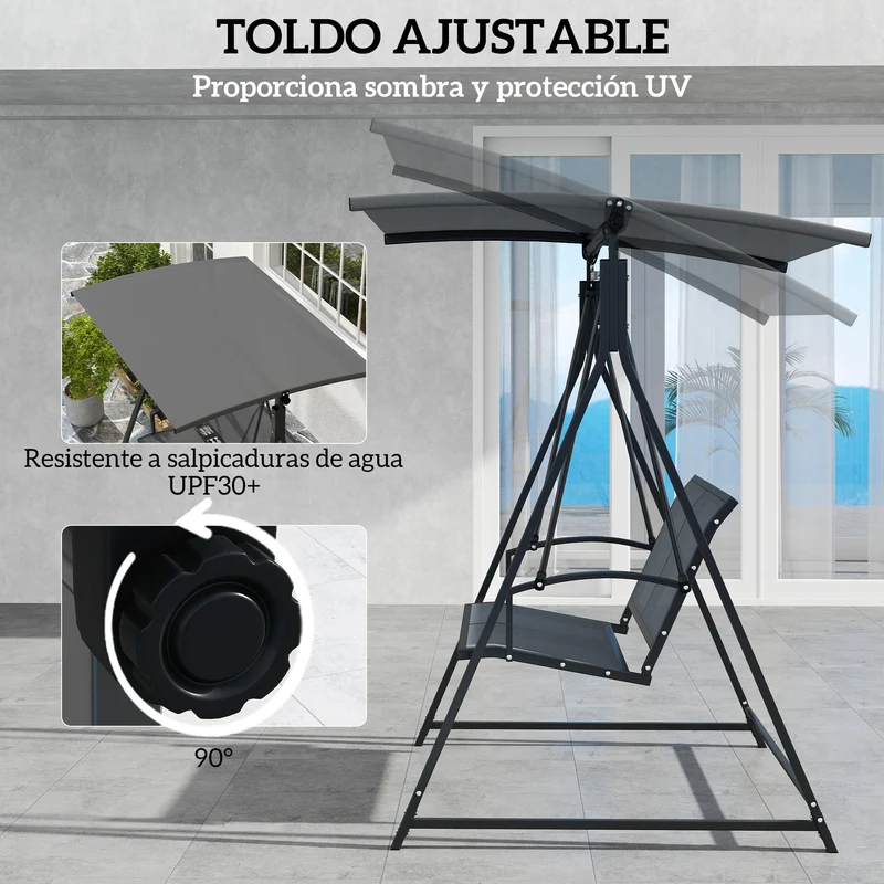 Outsunny Columpio de Jardín Exterior de 2 Plazas Balancín de Jardín Exterior con Toldo Ajustable 90° Protección UV 30+ y Estructura Triangular de Metal Carga 220 kg 160x112x162 cm Gris Oscuro