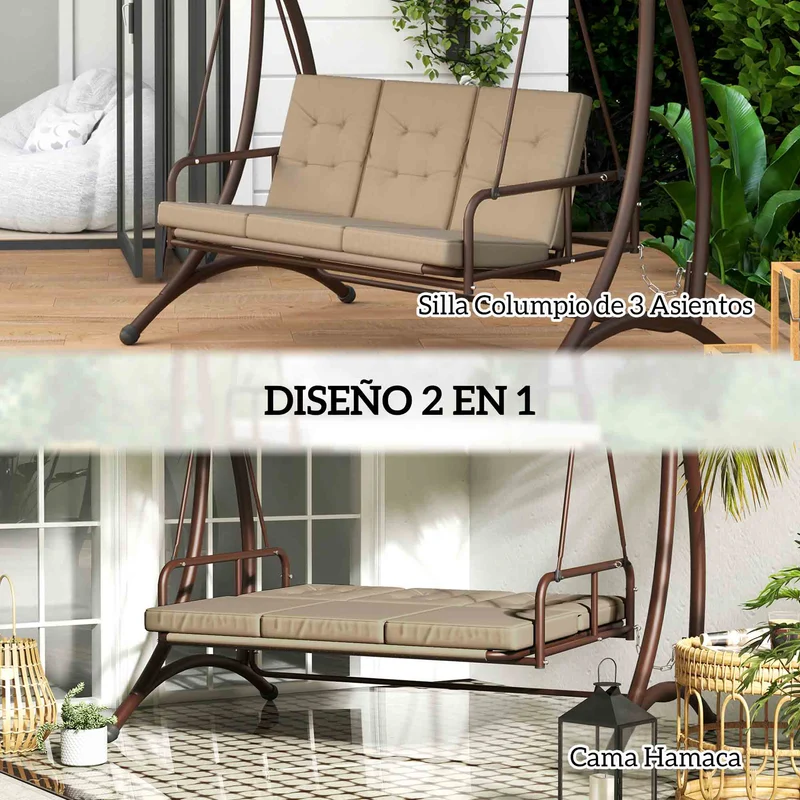 Outsunny Columpio de Jardín Exterior de 3 Plazas Balancín de Jardín Exterior Convertible en Cama con Toldo Ajustable Protección UPF30+ y Cojines Carga 330 kg 200x120x175 cm Caqui