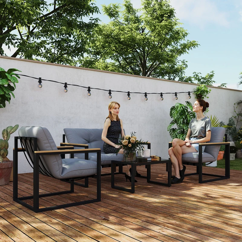 Outsunny Conjunto de Jardín Exterior de 4 Piezas Muebles Jardín Exterior con 2 Sillones y 1 Sofá de 2 Plazas con Cojines y Mesa de Centro con Tablero de Vidrio Templado Gris y Negro