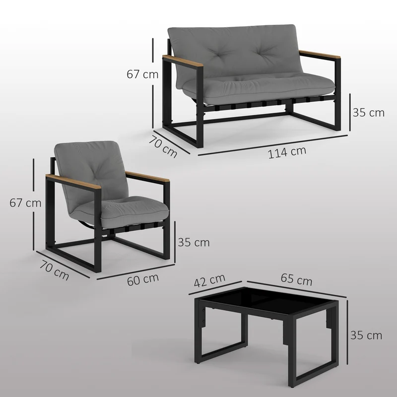 Outsunny Conjunto de Jardín Exterior de 4 Piezas Muebles Jardín Exterior con 2 Sillones y 1 Sofá de 2 Plazas con Cojines y Mesa de Centro con Tablero de Vidrio Templado Gris y Negro