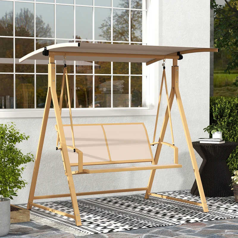 Outsunny Columpio de Jardín Exterior de 2 Plazas Balancín de Jardín Exterior con Toldo Ajustable 90° Protección UV 30+ y Estructura Triangular de Metal Carga 220 kg 160x112x162 cm Caqui