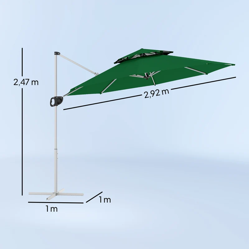 Outsunny Sombrilla de Jardín Ø292 cm Parasol Excéntrico con Manivela Giratorio 360° Inclinación Ajustable Doble Techo y Base Cruzada Sombrilla para Terraza Exterior Patio Verde Oscuro