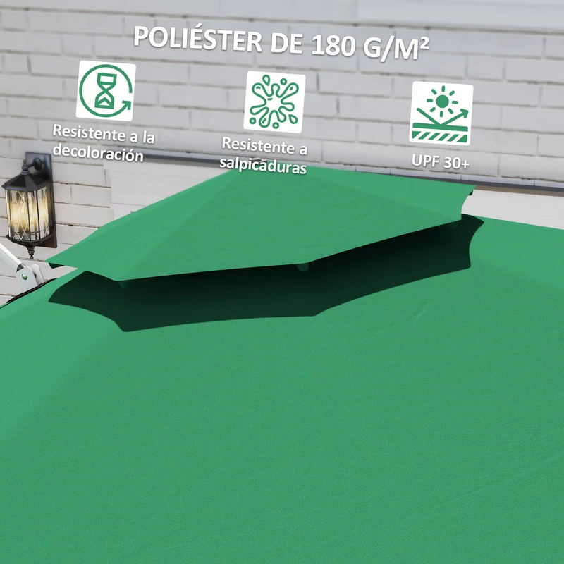 Outsunny Sombrilla de Jardín Ø292 cm Parasol Excéntrico con Manivela Giratorio 360° Inclinación Ajustable Doble Techo y Base Cruzada Sombrilla para Terraza Exterior Patio Verde Oscuro