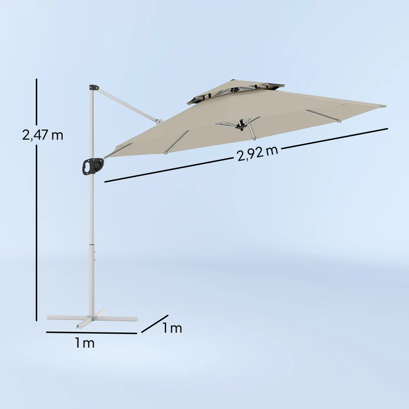 Outsunny Sombrilla de Jardín Ø292 cm Parasol Excéntrico con Manivela Giratorio 360° Inclinación Ajustable Doble Techo y Base Cruzada Sombrilla para Terraza Exterior Patio Gris Claro