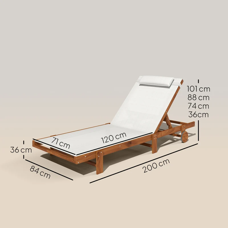 Outsunny Tumbona Reclinable de Madera con Ruedas Tumbona Jardín Exterior con Respaldo Ajustable en 4 Niveles y Reposacabezas Carga 120 kg para Patio Terraza Balcón 200x84x101 cm Blanca y Teca