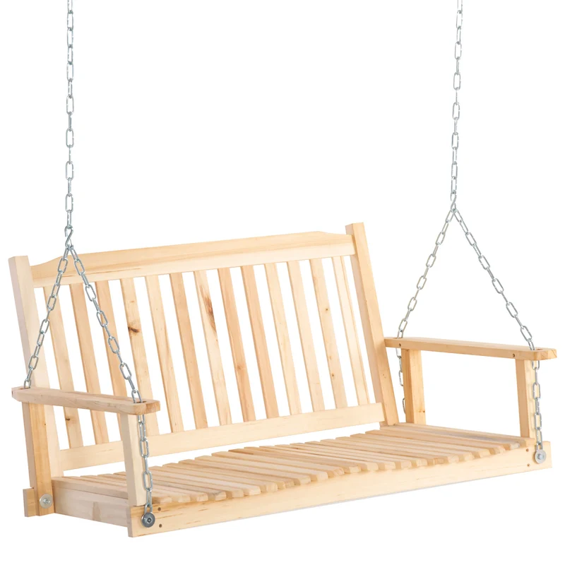 Outsunny Banco Columpio de Madera de 2 Plazas Banco Balancín Colgante con Reposabrazos Cadenas Ajustables y Diseño Listones Carga 200 kg para Jardín Terraza Balcón 117x69x60 cm Natural