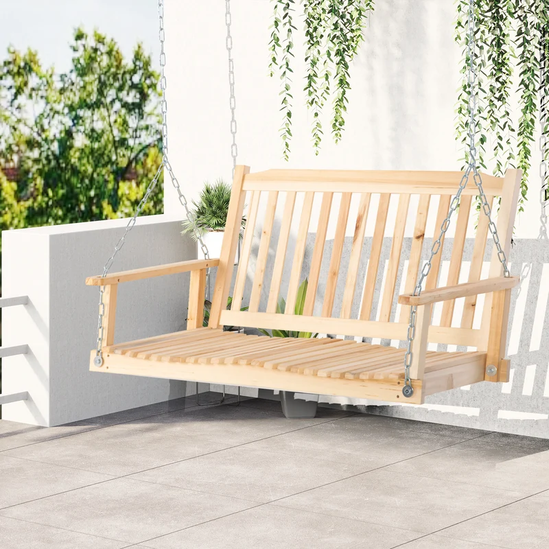 Outsunny Banco Columpio de Madera de 2 Plazas Banco Balancín Colgante con Reposabrazos Cadenas Ajustables y Diseño Listones Carga 200 kg para Jardín Terraza Balcón 117x69x60 cm Natural